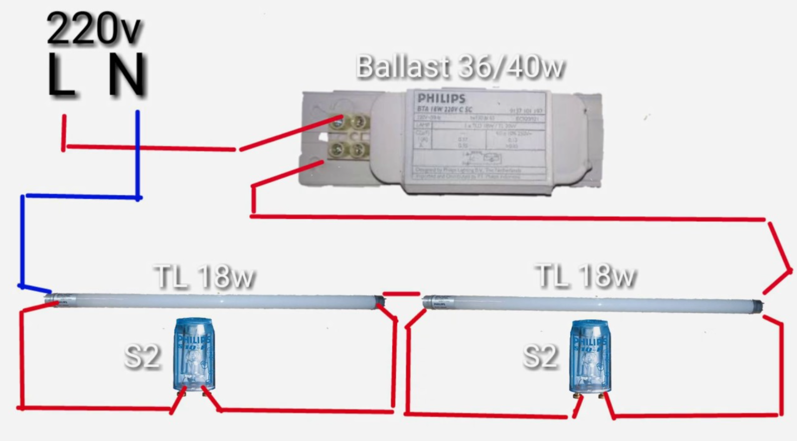 rangkaian lampu TL 2 trafo