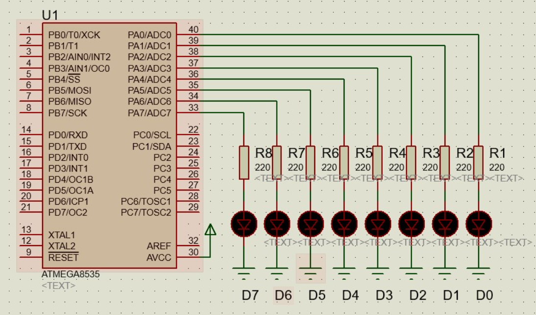 ATMEGA8535 dengan 8 LED dan resistor 