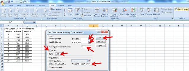 Uji Hipotesis t-test dengan menggunakan Microsoft Excel