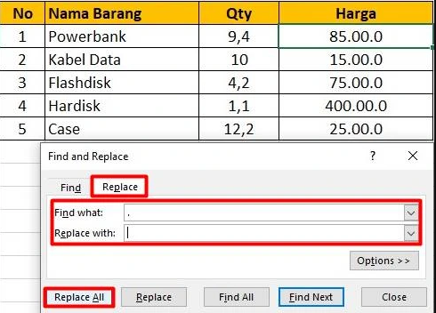 Cara Menghilangkan Titik dan Koma di Excel Sekaligus